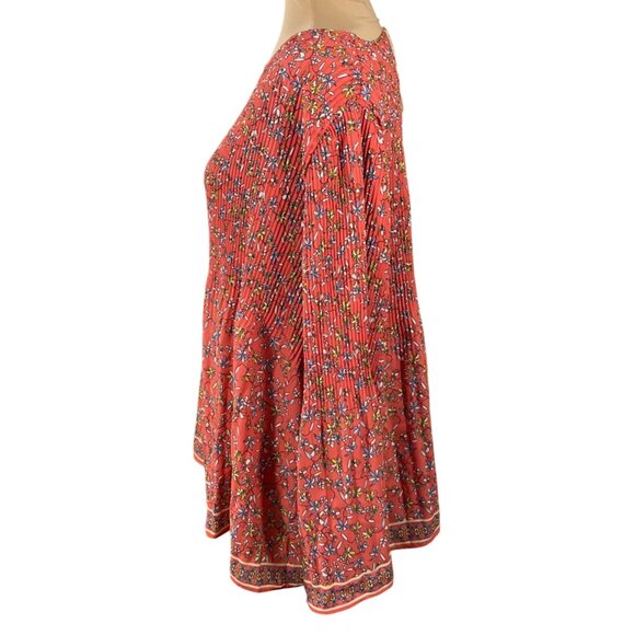 New Max Studio Pleated Tunic Top Orange Floral Size 1X Long Sleeve - Picture 2 of 8